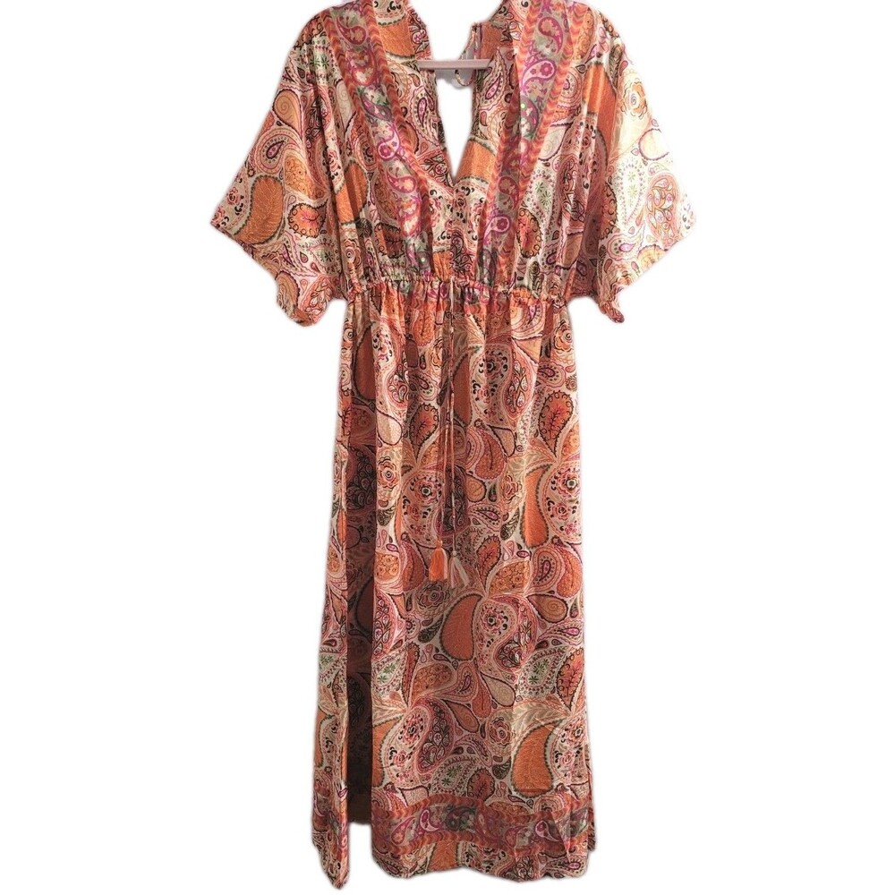 Jessica Taylor Silk Blend Paisley Boho Maxi Dress Cinched Waist Tassel OS NWT